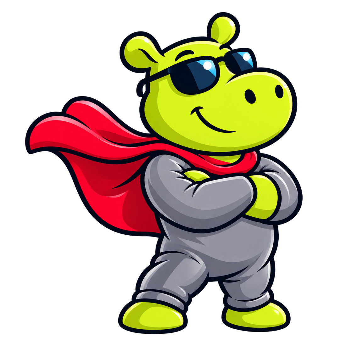 Potamus Labs green hippo mascot wearing sunglasses, a red cape and a grey jumpsuit, arms crossed